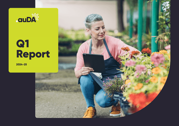 Text box showing the auDA logo with the accompanying text: Q1 Report 2024-25, set on top of an image of a florist holding a tablet.